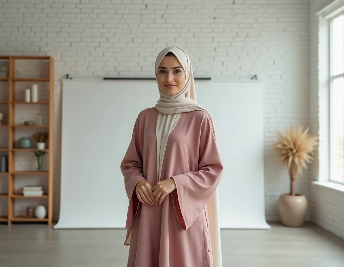 Jeune femme en abaya et hijab posant élégamment dans un studio de mode épuré pour un shooting modeste islamique