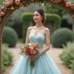 Jeune mariée en robe satin pastel avec bouquet de fleurs