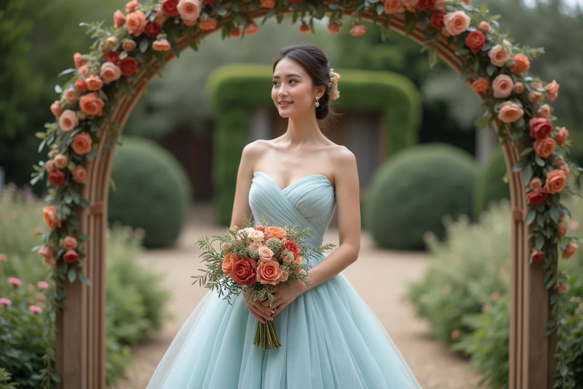 Jeune mariée en robe satin pastel avec bouquet de fleurs