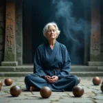 Femme en méditation entourée de sept sphères en bois symbolisant les mondes spirituels dans un temple en pierre ancien