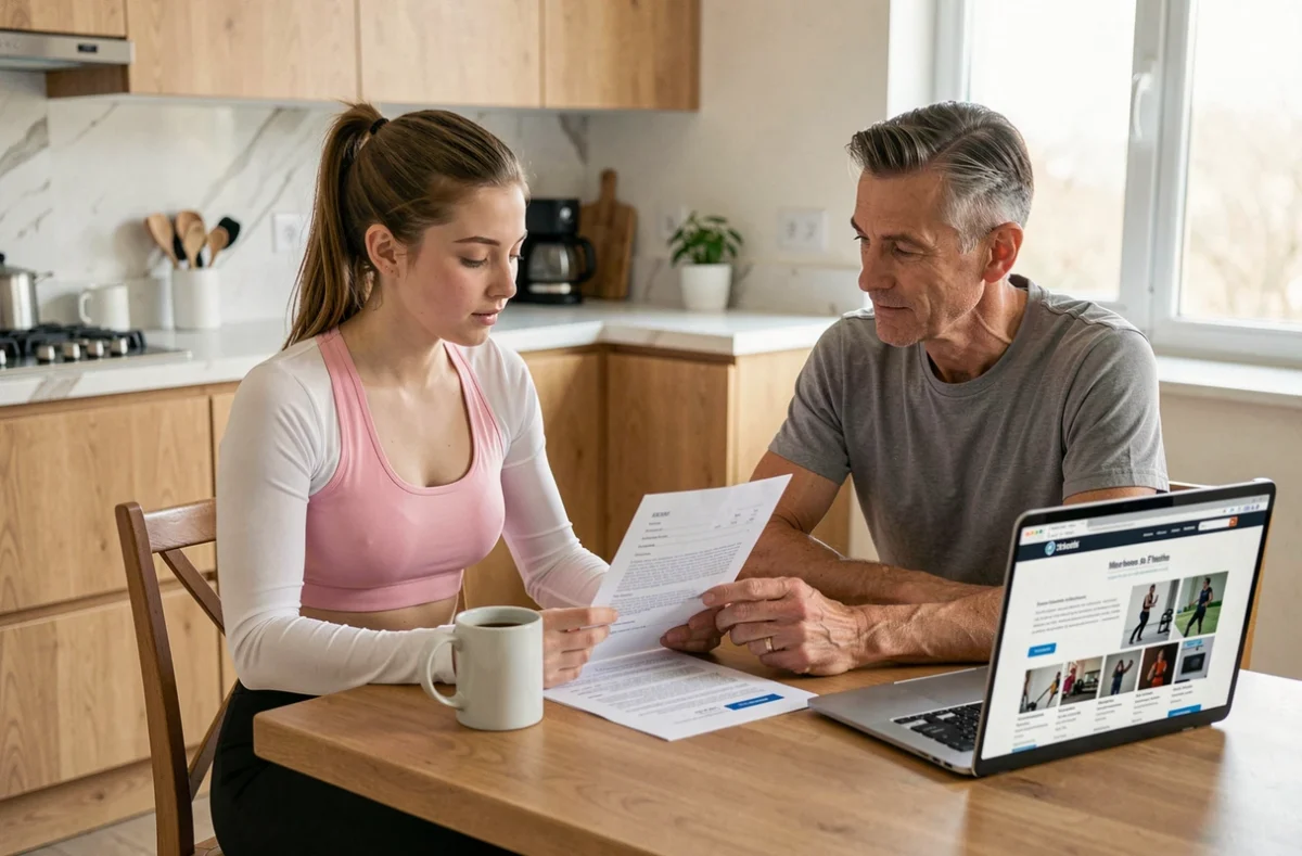 Adolescente et parent examinant le contrat d'abonnement Basic Fit pour mineur à domicile