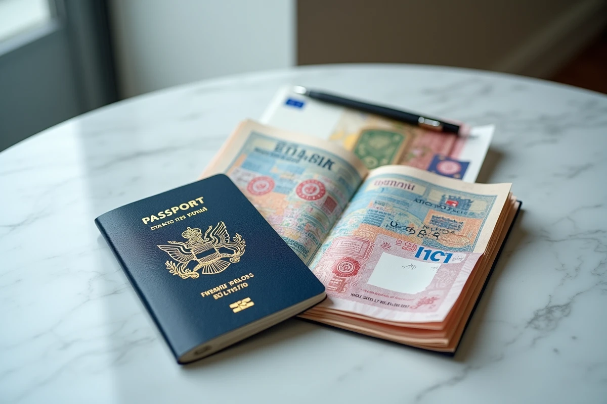 Deux passeports internationaux ouverts sur des pages de visas avec des billets en euros sur une surface en marbre