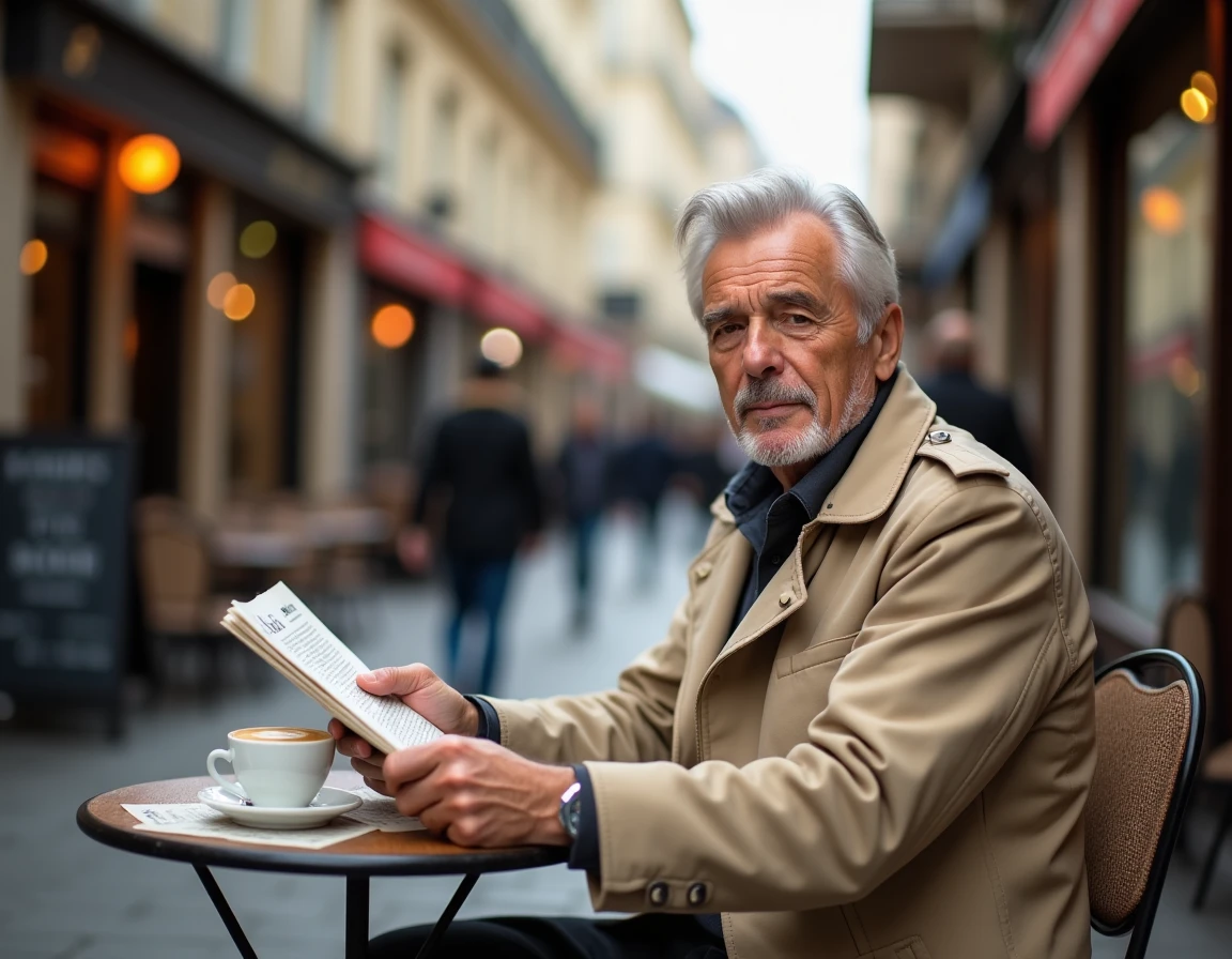 Homme mature lisant un journal en terrasse de café parisien, symbolisant la confrontation d'une personnalité publique avec sa propre image médiatique