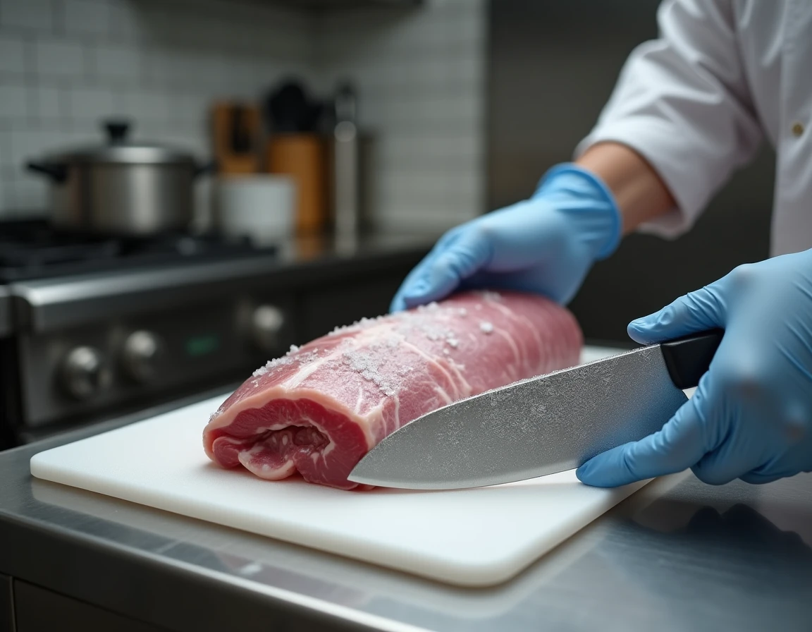 Mains gantées posant un rôti de porc congelé sur une planche à découper blanche dans une cuisine professionnelle