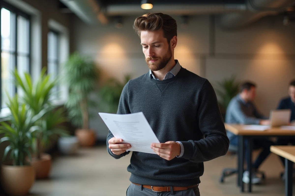 Nouveau employé souriant consultant des documents d'intégration lors de sa prise de poste dans un bureau moderne en open space