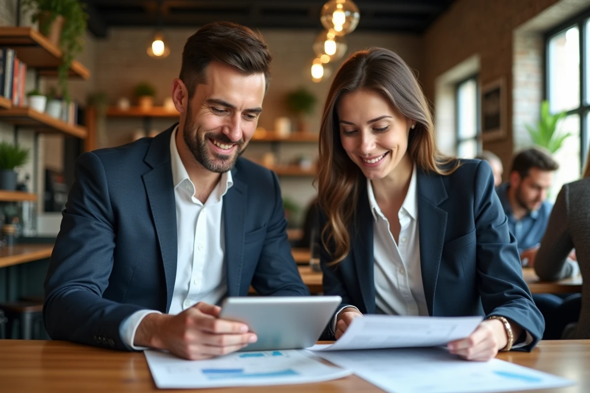 Deux professionnels de la finance collaborant sur des tendances économiques dans un espace de coworking moderne
