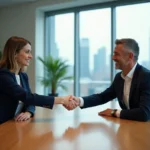 Femme cadre recevant une promotion lors d'une réunion professionnelle dans une salle de conférence moderne, symbolisant la mobilité verticale ascendante en entreprise