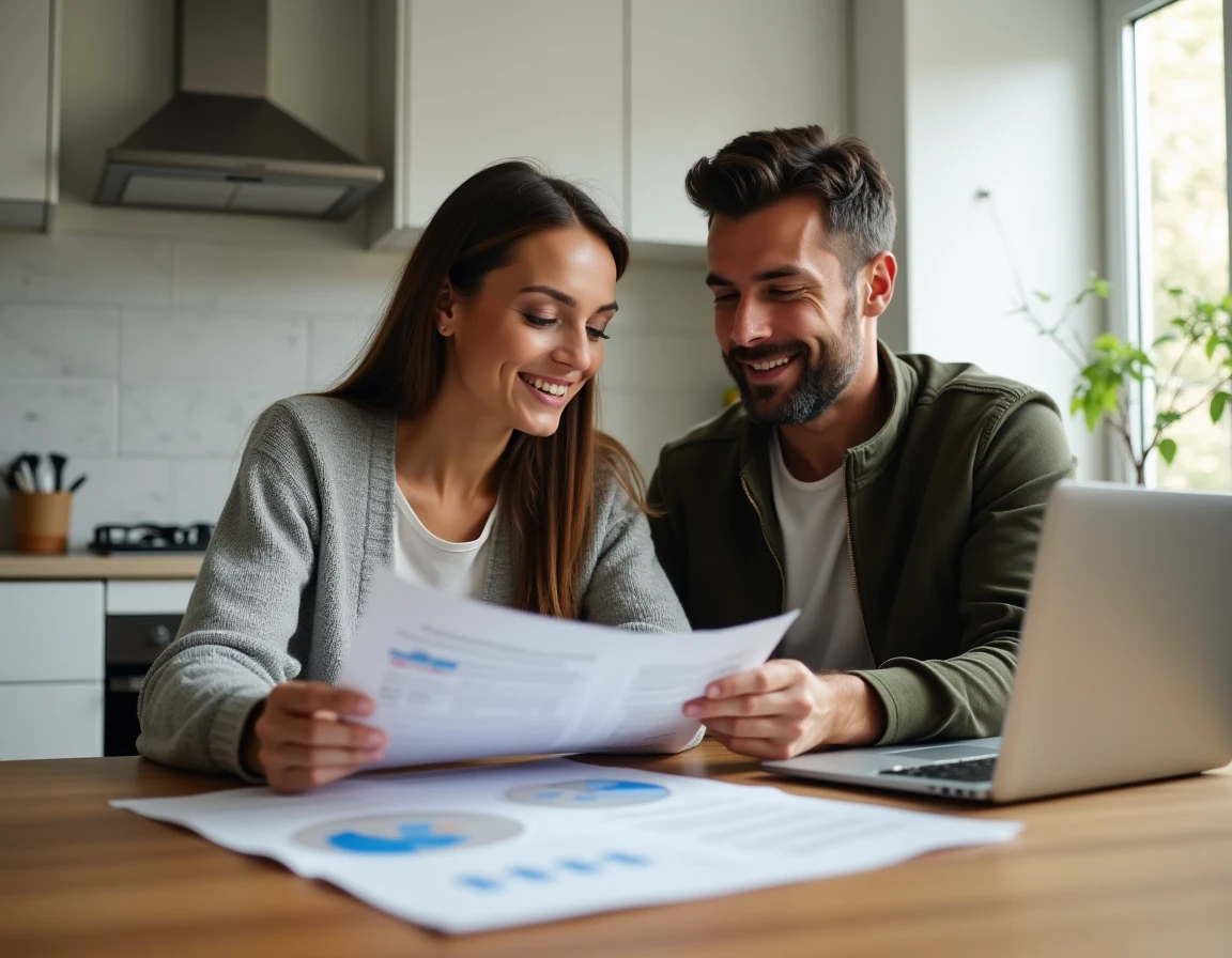 Couple de propriétaires étudiant un rapport d'estimation immobilière sur une table de cuisine moderne avec un ordinateur portable
