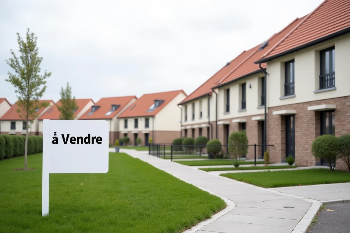 Quartier résidentiel neuf avec panneau à vendre illustrant les tendances du marché immobilier 2024