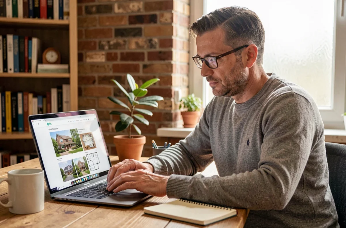 Homme recherchant des annonces immobilières en ligne sur un ordinateur portable dans un bureau à domicile