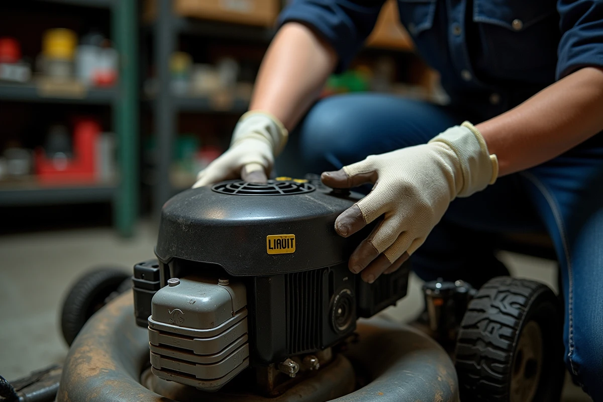 Femme change un filtre à air dans une tondeuse au garage