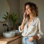 Femme appliquant un serum facial naturel dans une salle lumineuse