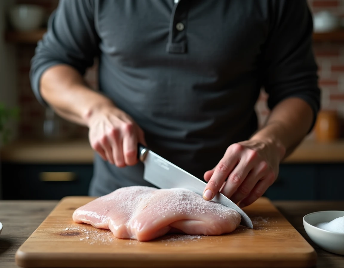 Homme utilisant un couteau dentelé pour trancher un blanc de poulet congelé sur un plan de travail en bois