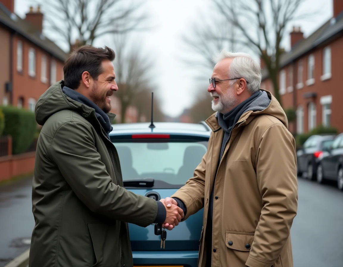 Deux hommes se serrant la main lors d'une transaction de vente de voiture d'occasion dans une rue résidentielle