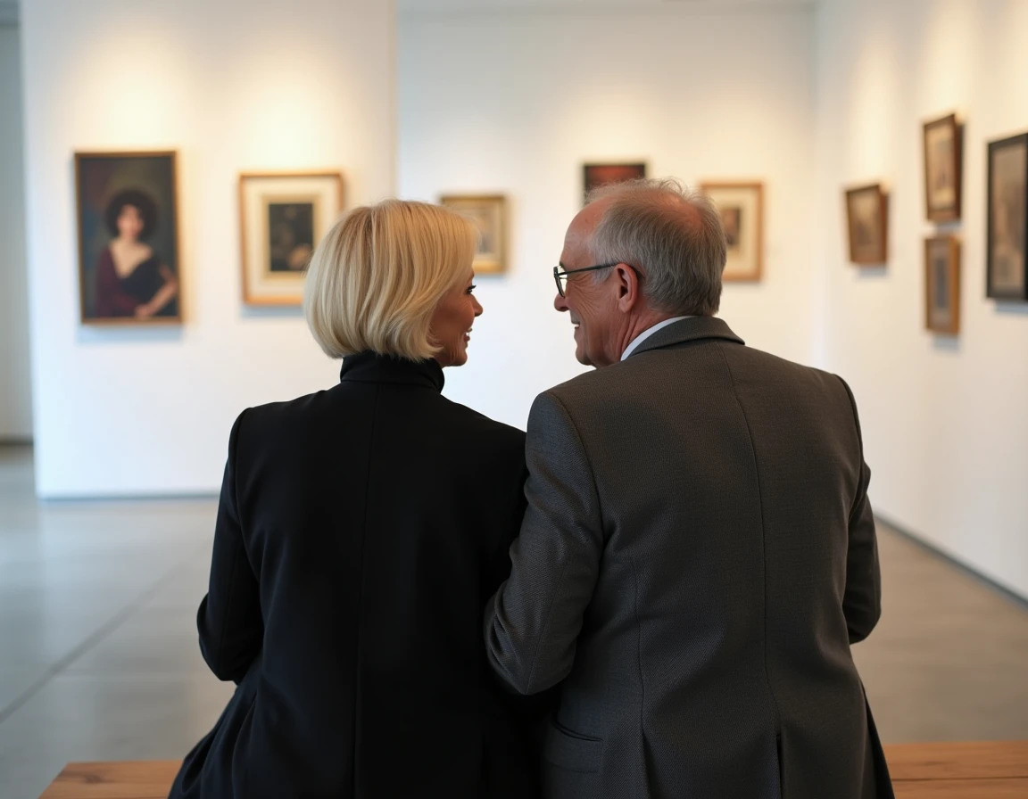 Couple élégant dans une galerie d'art contemporaine, symbole d'une relation culturelle et complice pour illustrer la vie amoureuse de Zazie en 2024
