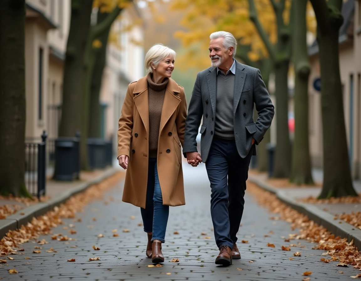 Femme blonde et son compagnon marchant main dans la main dans une rue pavée en automne, illustrant la vie de couple d'une célèbre chanteuse française